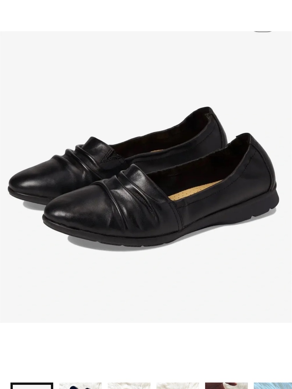 Clarks Jenette Ruby Black Leather Ruched Slip-On Flats for Women